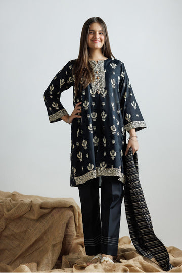 GAD-03160 | Black & Fawn | Casual 3 Piece Suit | Cotton Lawn Printed